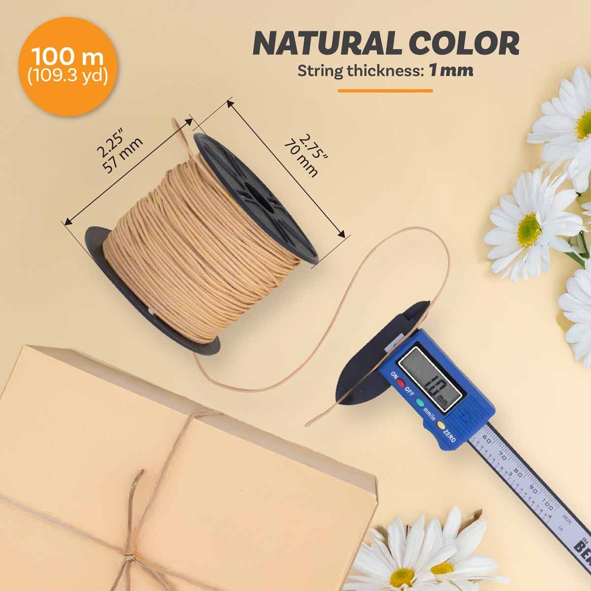 Natural 1mm Waxed Cotton Cord – 100 Meter Spool