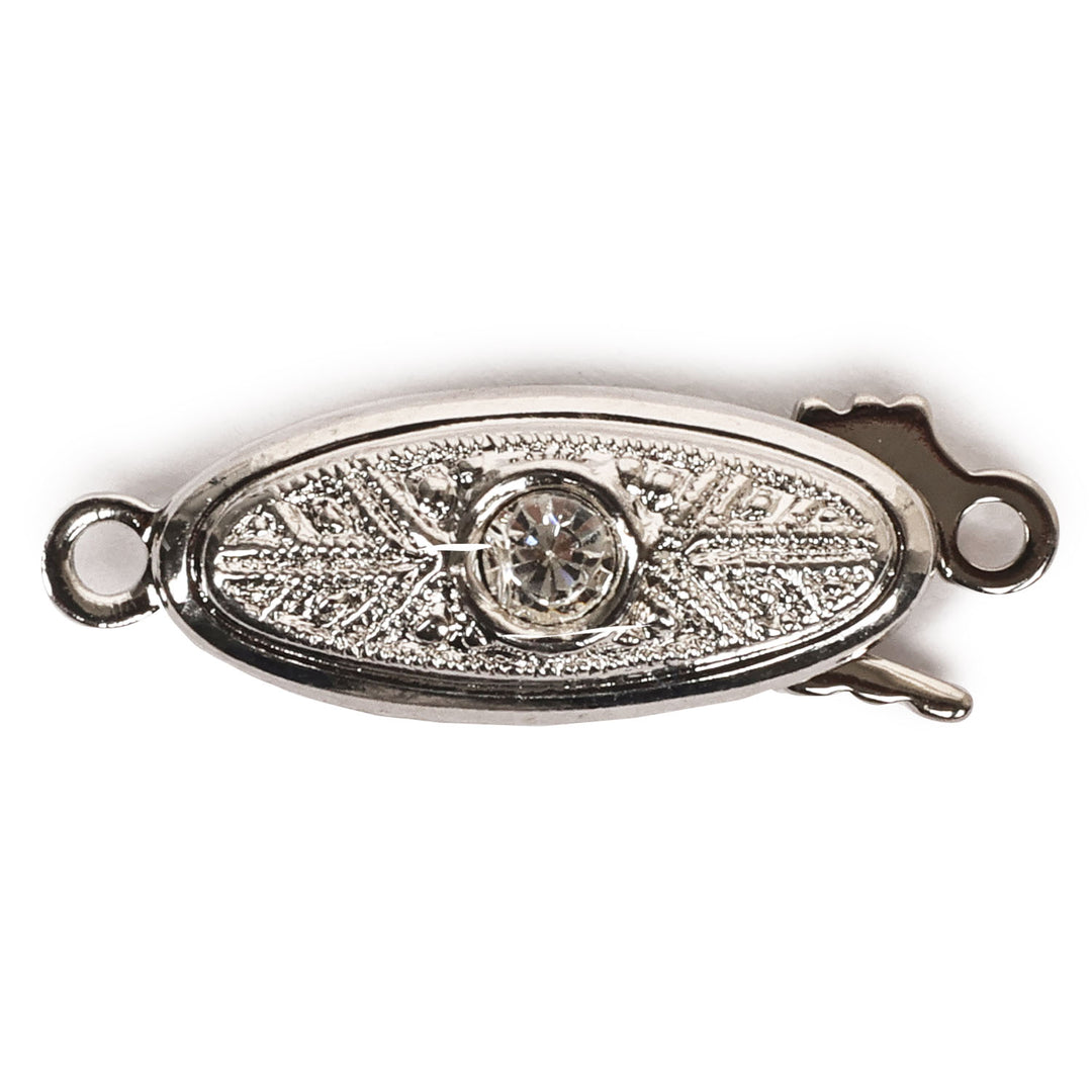 Claspgarten Oval Filigree Box Push Clasp with Swarovski Crystals | 10x5mm | 1-Strand | Real Rhodium Plated (Silver)