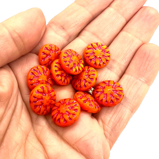 15mm Czech Glass Vintage Style Round Bead - Orange Pink Wash - Per Piece
