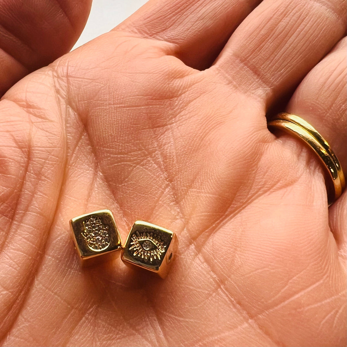 18k Gold Plated Micro Pave Cubic Zirconia Cube with Hamsa and Eye - Priced Per Piece