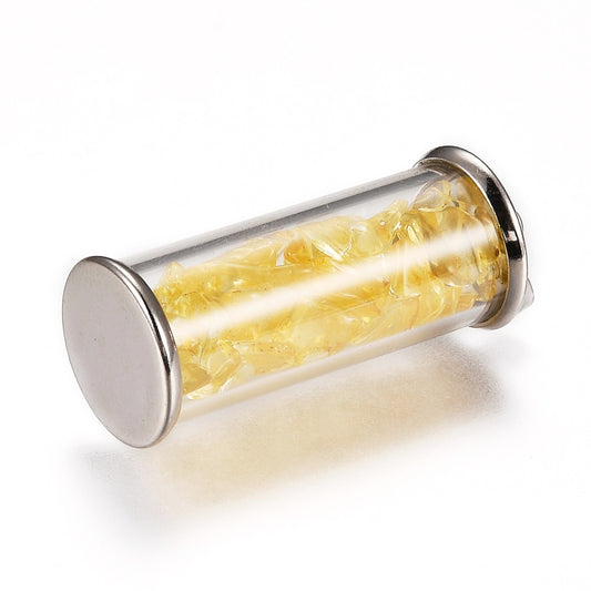 Wish Bottle Pendants, with Natural Yellow Quartz Chips, Platinum, Column