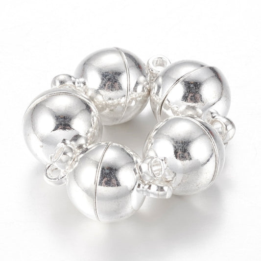 Brass Magnetic Clasps with Loops, Round, Silver, 16x10mm