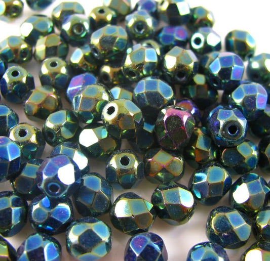 4mm Czech Fire Polish – 23980/21455 – Jet Green Iris x 100