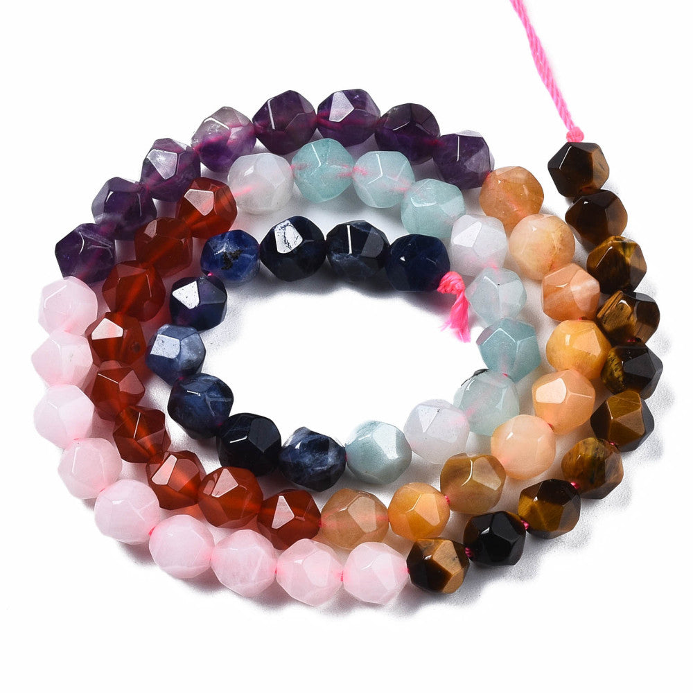 6mm Faceted Nugget Mixed Gemstone Bead Strand - Approx 62 Gems
