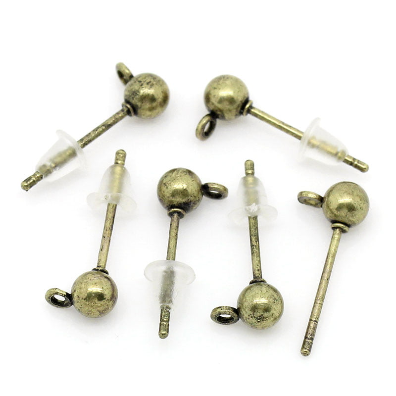 Antique Brass Earring Ball Post with ring incl backs – 5 Pairs