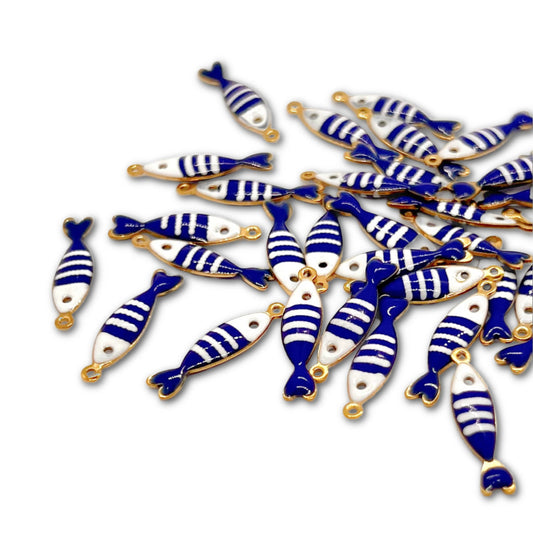 Gold Plated Enamel Stripy Fish Charms 20x5mm - Pack of 2 - Blue