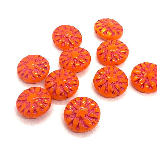 15mm Czech Glass Vintage Style Round Bead - Orange Pink Wash - Per Piece