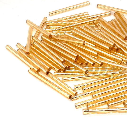 30mm Vintage Czech Bugle Beads - Silver Lined Gold - Pack of 10