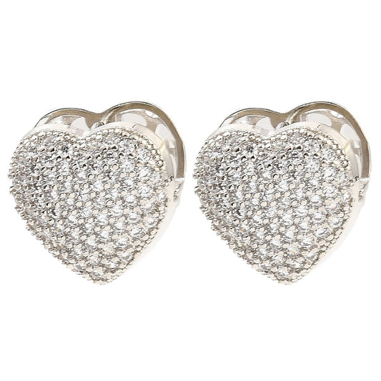 Brass Hoop Earrings with Cubic Zirconia, Heart, Platinum