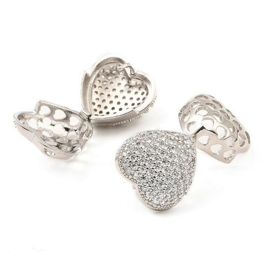 Brass Hoop Earrings with Cubic Zirconia, Heart, Platinum