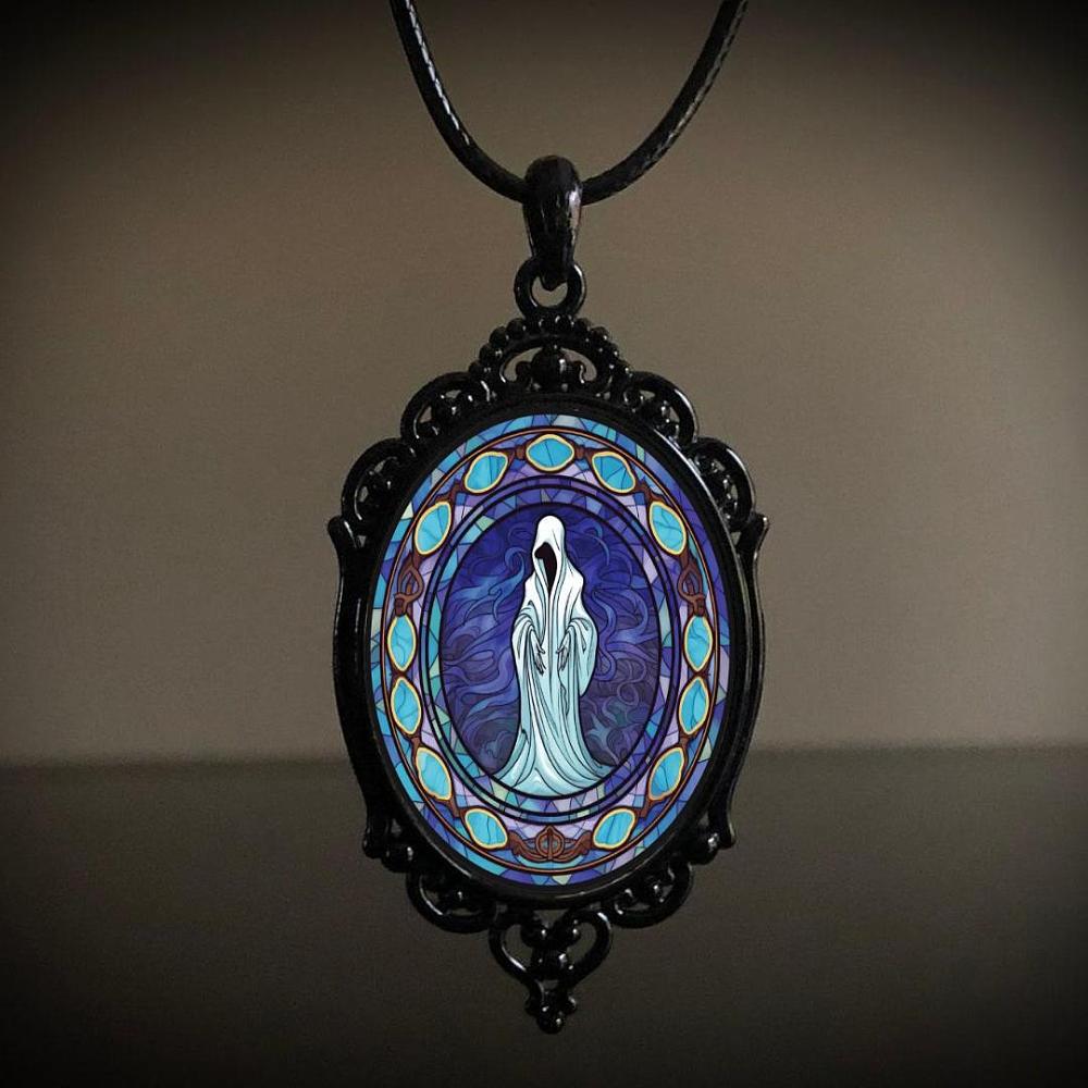 Oval Gothic Alloy Glass Halloween Pendant Necklaces for Women, Black, Ghost