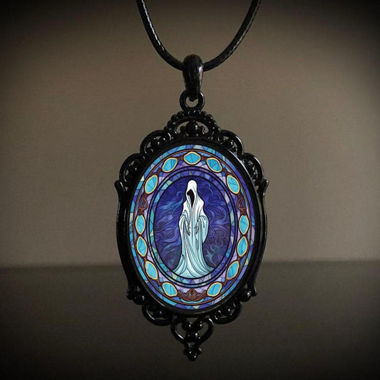 Oval Gothic Alloy Glass Halloween Pendant Necklaces for Women, Black, Ghost
