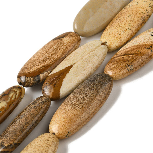 Natural Picture Jasper Beads Strands, Smooth Flat Oval