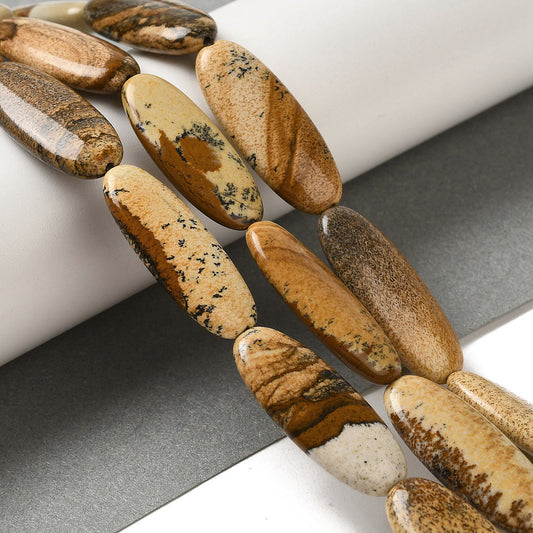 Natural Picture Jasper Beads Strands, Smooth Flat Oval