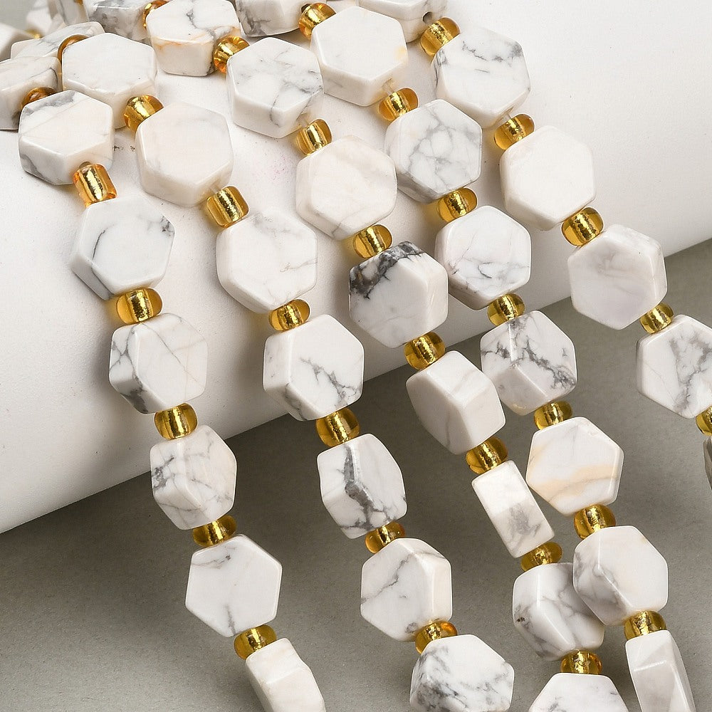 Natural Howlite Beads Strands, Hexagon, with Seed Beads