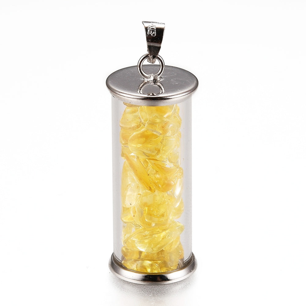 Wish Bottle Pendants, with Natural Yellow Quartz Chips, Platinum, Column