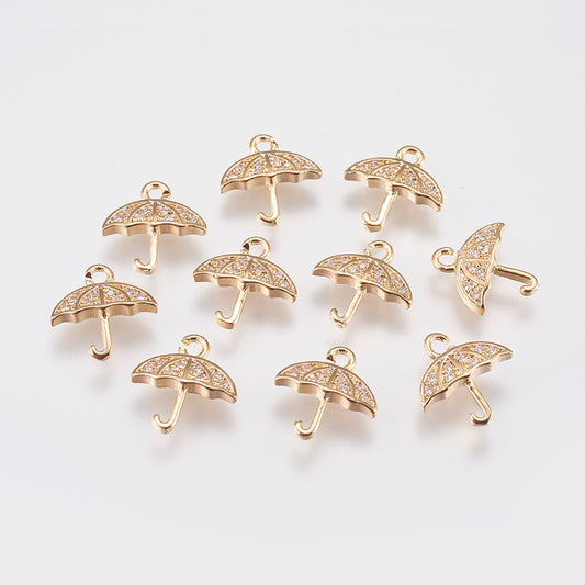 Micro Pave Cubic Zirconia Charms, Umbrella, Real 18K Gold Plated