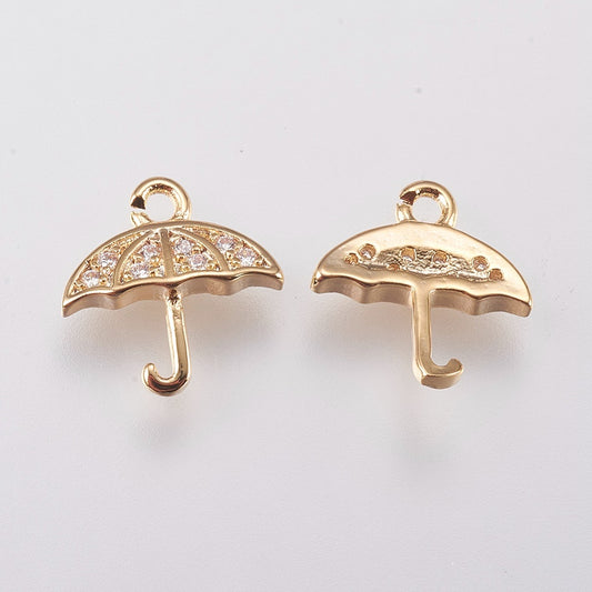 Micro Pave Cubic Zirconia Charms, Umbrella, Real 18K Gold Plated