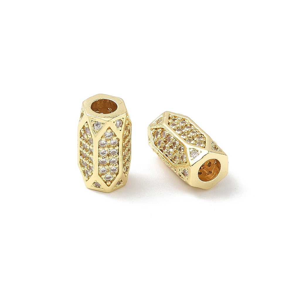 18k Gold Plated Micro Pave Cubic Zirconia Hexagon Bead - Priced Per Piece