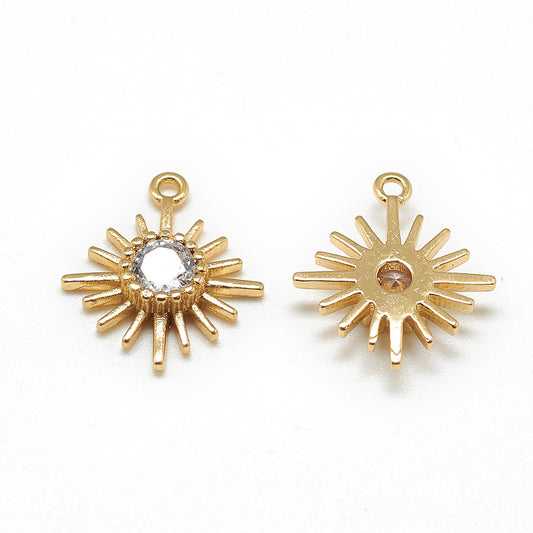 Flower Cubic Zirconia Charms, Clear, Real 18K Gold Plated