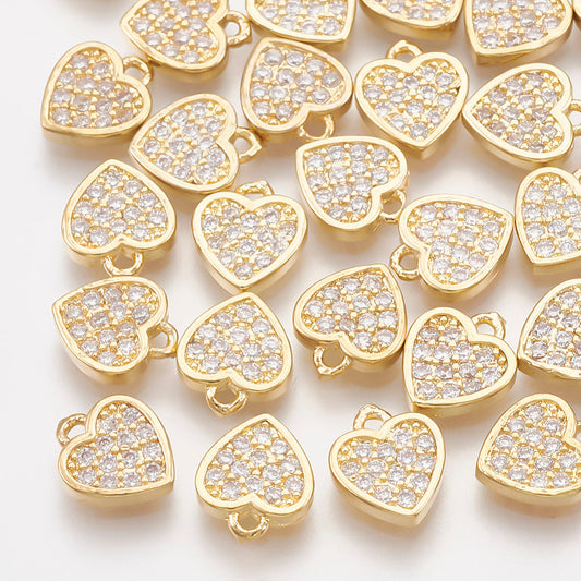 Heart Cubic Zirconia Charms, Clear, Real 18K Gold Plated