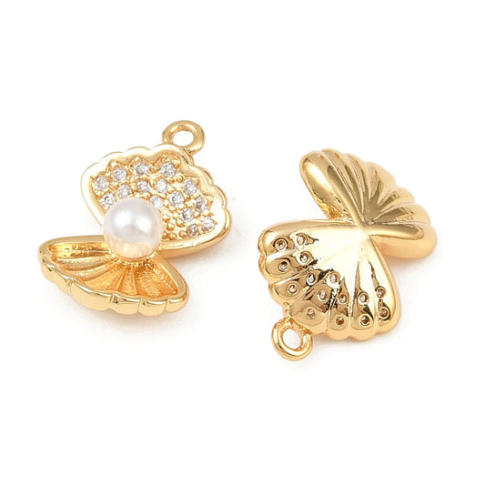 Micro Pave Cubic Zirconia Pendants, Shell Shape Charms, Real 18K Gold Plated Per Pair