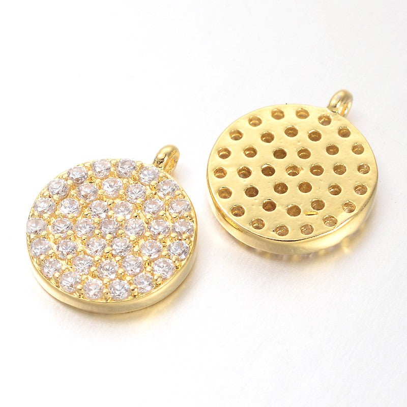 Hollow Flat Round Brass Micro Pave Cubic Zirconia Charms, Golden