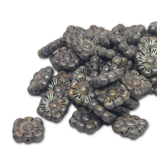 Vintage Square Flower Bead 11mm - Grey Luster - Priced Per Piece
