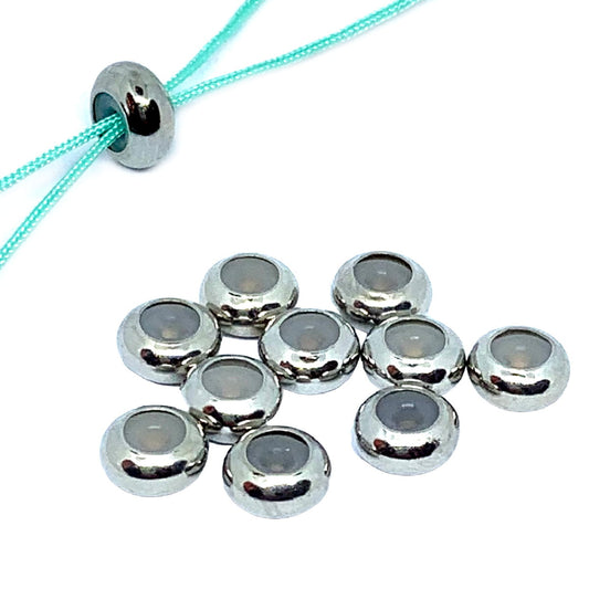 Adjustable Slider Beads – 7.5x4mm – Silicone Center – Pack of 10 – Silver